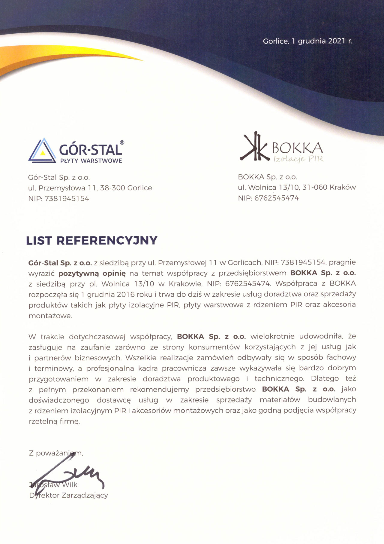 Gór-Stal — BOKKA reference letter, 1 December 2021