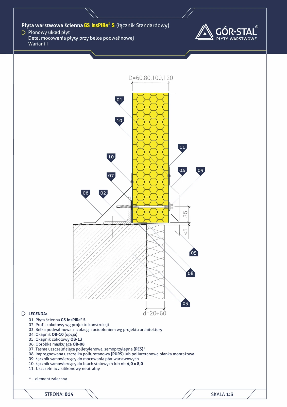 Sockel an Schwellenbalken — vertikale Verlegung der insPIRe® S Paneele, Variante I