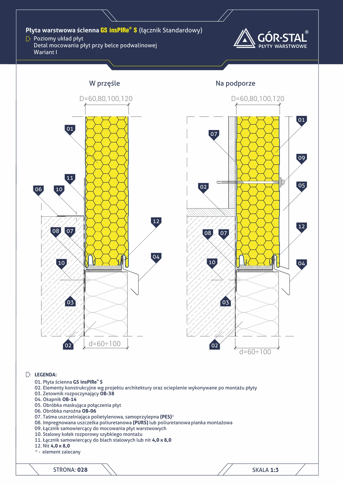 Sockel an Schwellbalken — horizontale Verlegung der insPIRe® S Paneele, Variante I