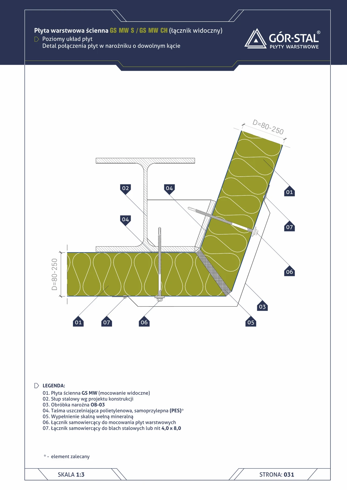 Ecke beliebiger Winkel — horizontale Plattenanordnung GS MW S/CH