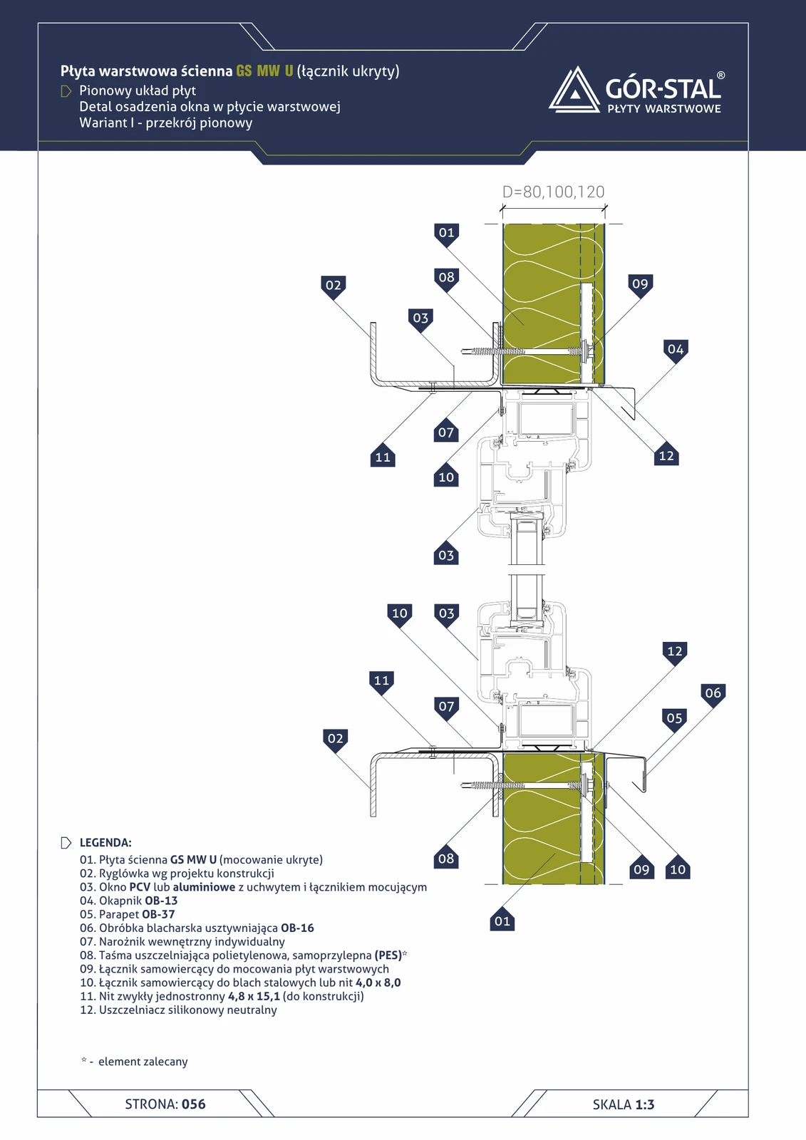 Industriefenster — vertikale GS MW U-Paneelanordnung (Vertikalschnitt)