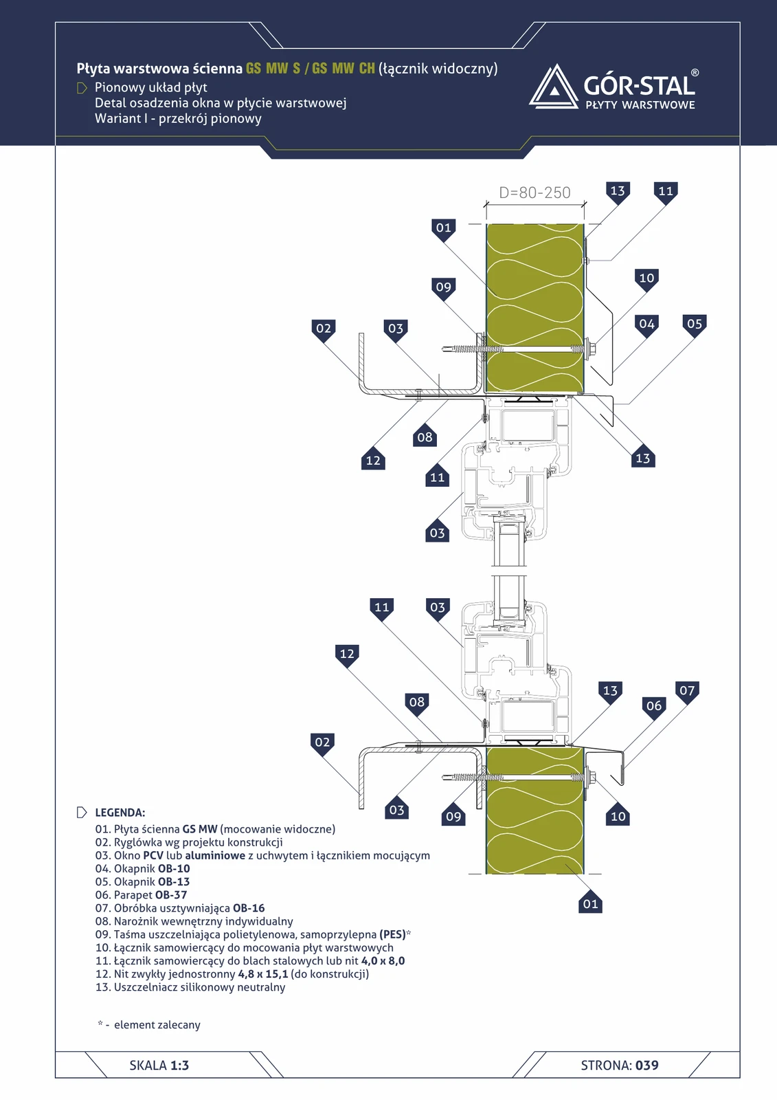 Industriefenster — horizontale Verlegung GS MW S/CH (Vertikalschnitt)