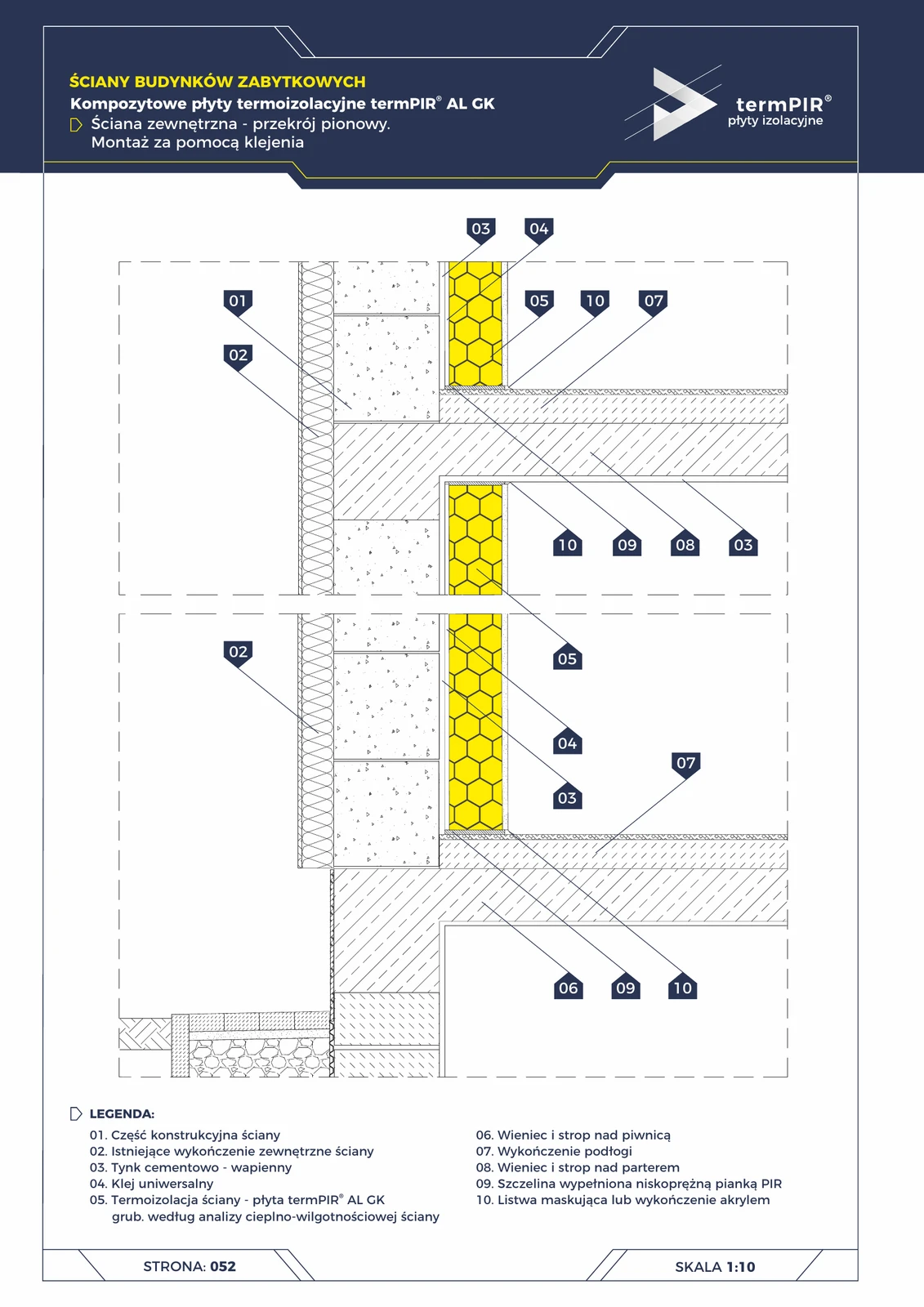 Denkmalwand AL GK — Klebemontage (Vertikalschnitt)